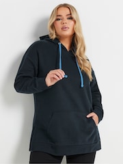 Yours Curve Blue Drawstring Detail 100% Cotton Hoodie - Image 1 of 5