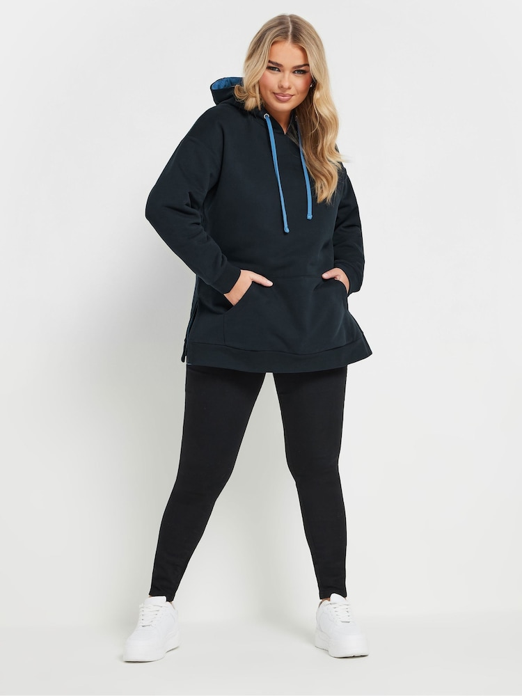 Yours Curve Blue Drawstring Detail 100% Cotton Hoodie - Image 2 of 5