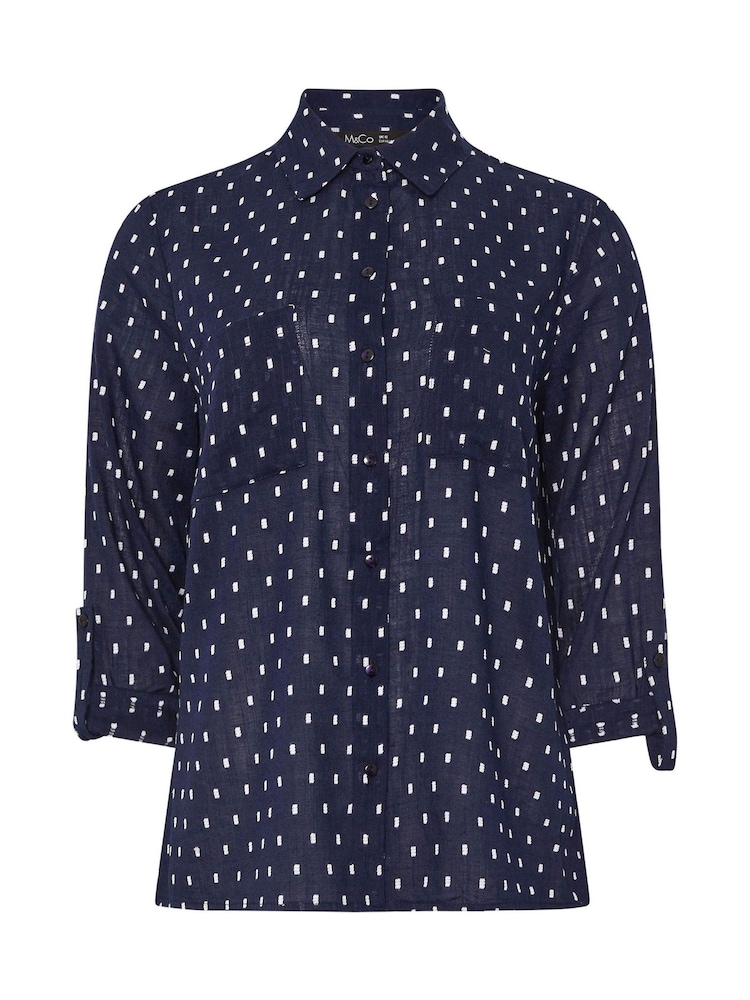 M&Co Blue 100% Cotton Dobby Long Sleeve Shirt - Image 5 of 5
