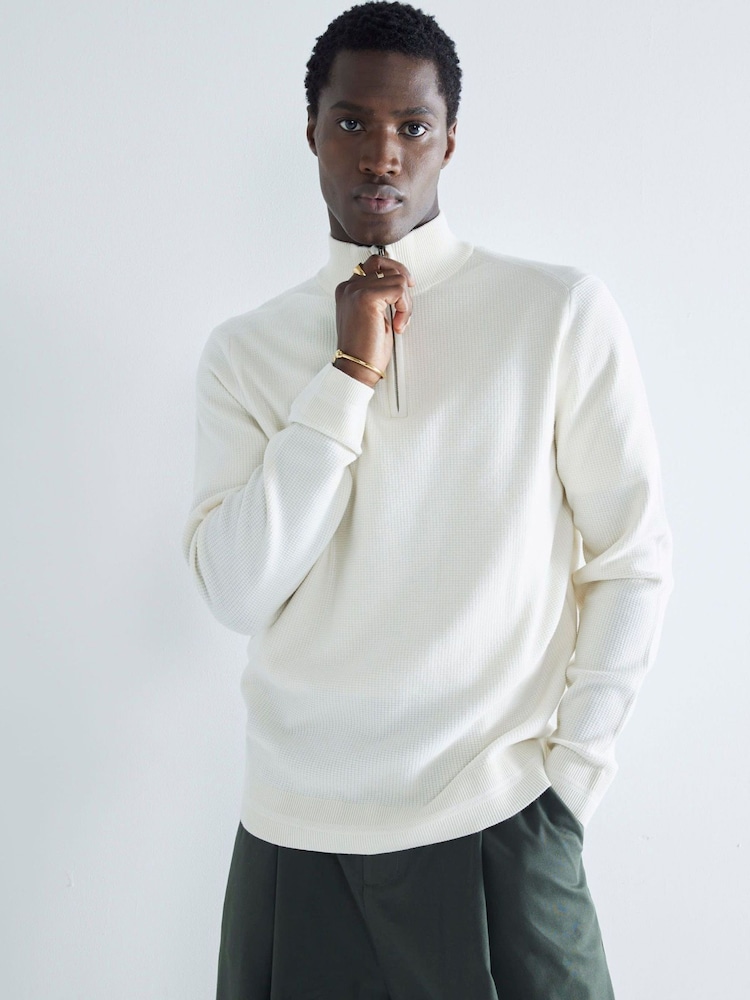 River Island Cream Slim Fit Waffle Half Zip Jumper - Image 1 of 6