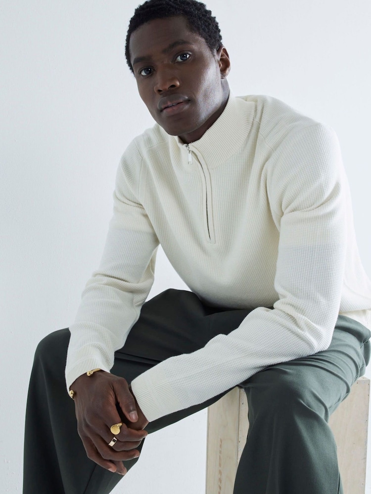 River Island Cream Slim Fit Waffle Half Zip Jumper - Image 2 of 6