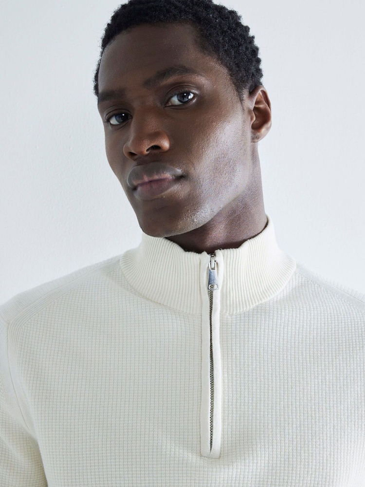 River Island Cream Slim Fit Waffle Half Zip Jumper - Image 4 of 6