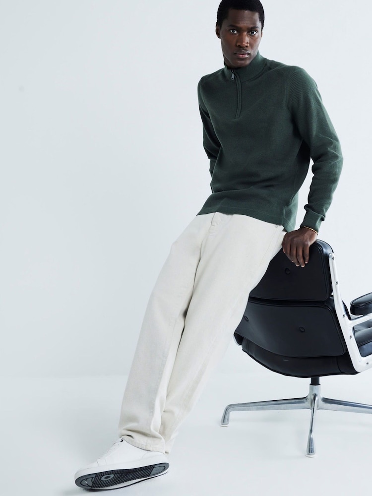 River Island Khaki Slim Fit Waffle Half Zip Jumper - Image 2 of 6