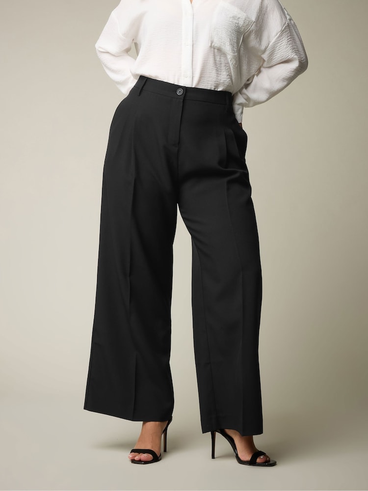 Yours Curve Black Pleated Front Wide Leg Trousers - Image 1 of 6