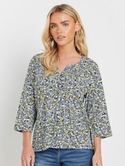 M&Co Blue 100% Cotton Petite Ditsy 3/4 Sleeve Henley Top - Image 1 of 5