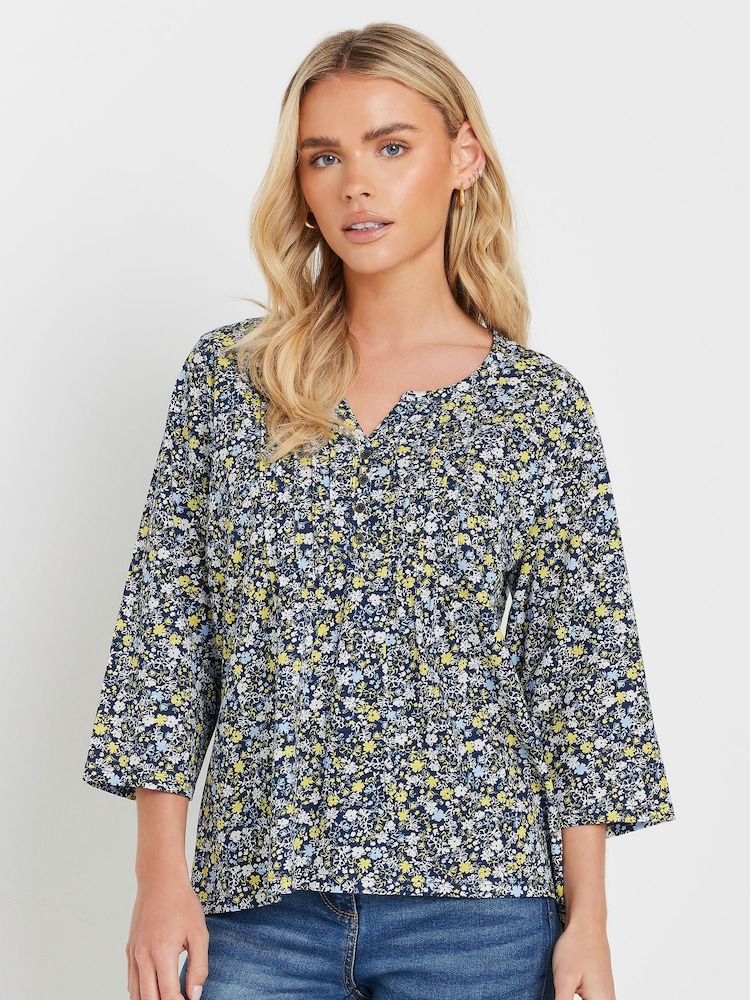 M&Co Blue 100% Cotton Petite Ditsy 3/4 Sleeve Henley Top - Image 1 of 5