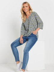 M&Co Blue 100% Cotton Petite Ditsy 3/4 Sleeve Henley Top - Image 2 of 5