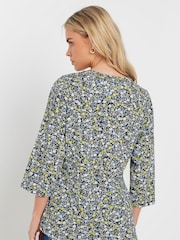 M&Co Blue 100% Cotton Petite Ditsy 3/4 Sleeve Henley Top - Image 4 of 5