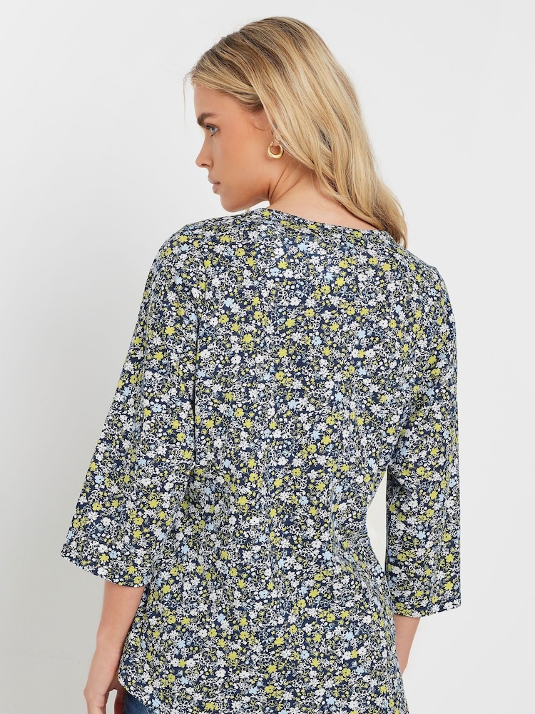 M&Co Blue 100% Cotton Petite Ditsy 3/4 Sleeve Henley Top - Image 4 of 5