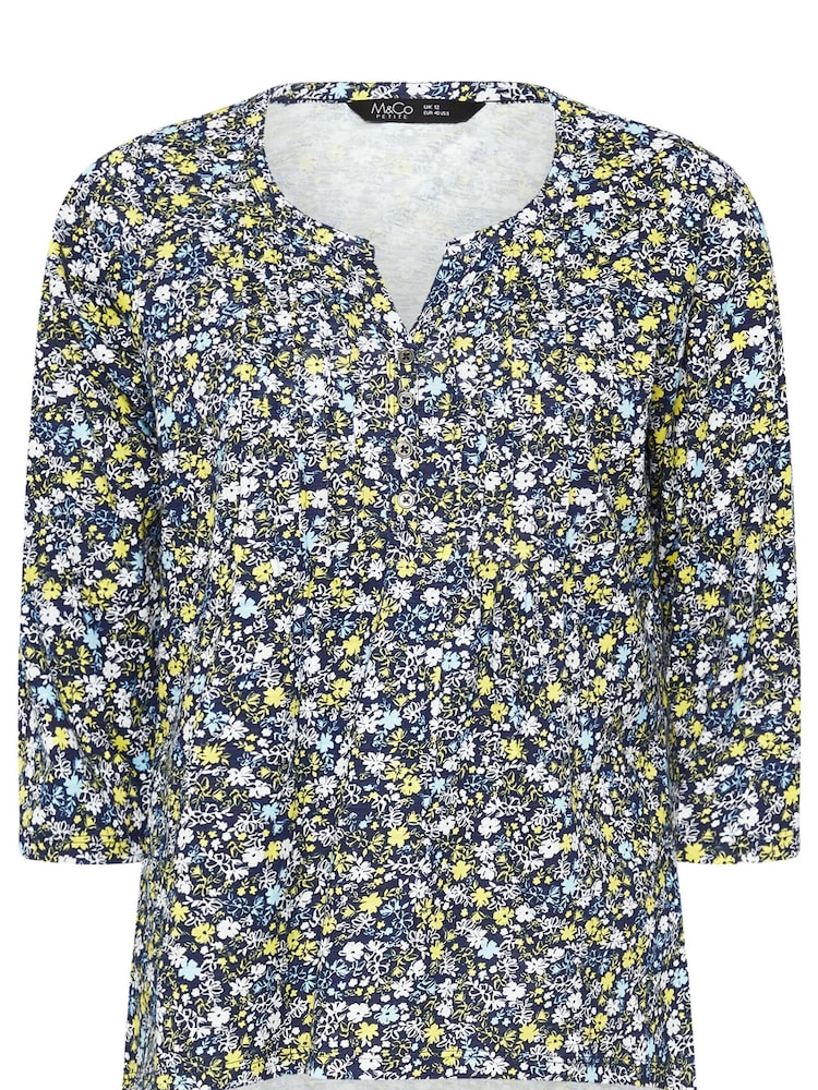 M&Co Blue 100% Cotton Petite Ditsy 3/4 Sleeve Henley Top - Image 5 of 5