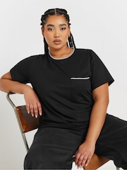 Yours Curve Black Whip Stitch Pocket 100% Cotton T-Shirt - Image 1 of 6
