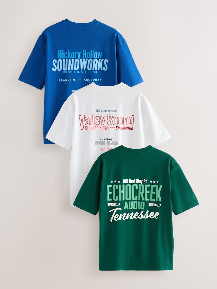 Blanco/Azul/Verde - Camiseta con estampado gráfico de corte holgado y tejido grueso - Imagen 1 de 12