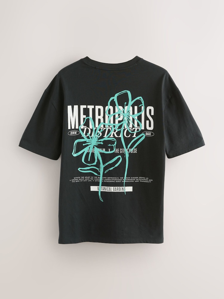 Black Flower Relaxed Fit Graphic Print Heavy Weight T-Shirt - Image 1 of 8