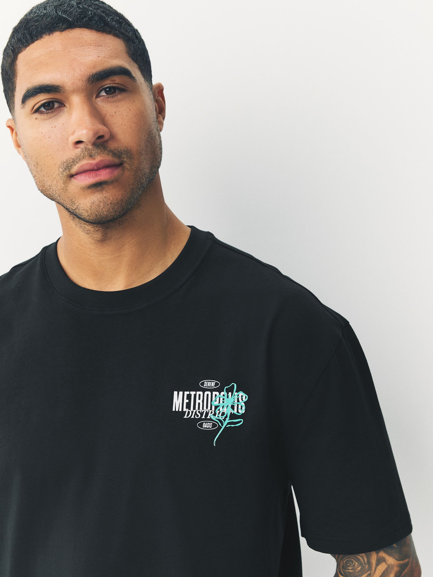 Buy Black Flower Relaxed Fit Graphic Print Heavy Weight T-Shirt