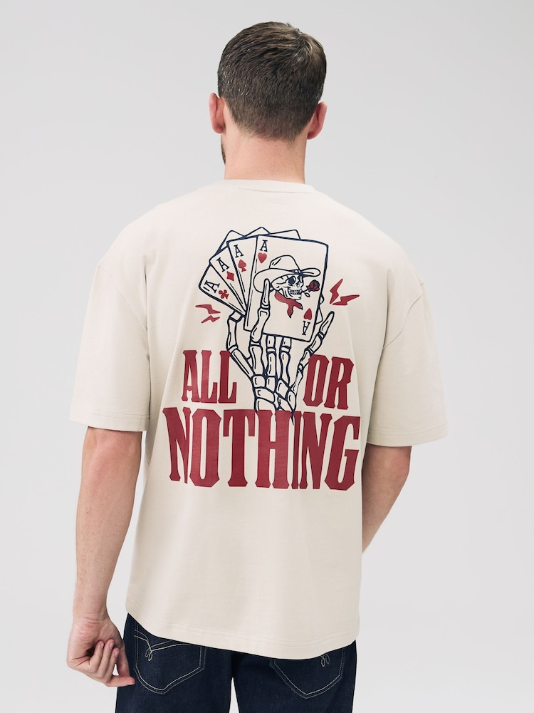 Ecru White Skull Relaxed Fit Graphic Print Heavy Weight T-Shirt - Image 1 of 9