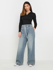 Long Tall Sally Blue Pull On Wide Leg 100% Cotton Jeans - Image 1 of 5