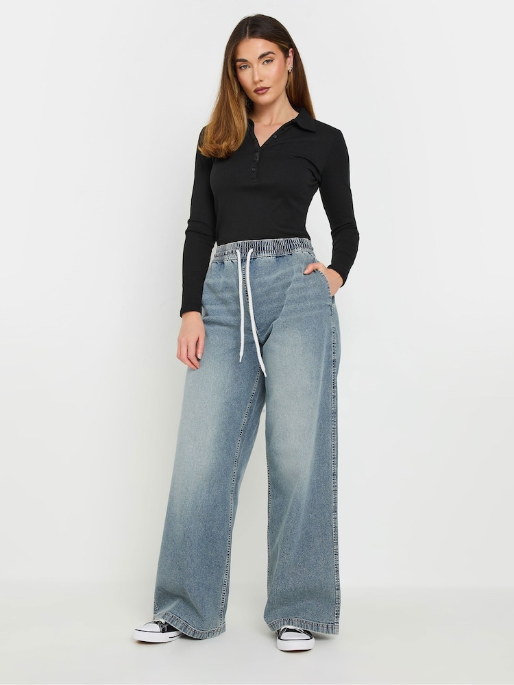 Long Tall Sally Blue Pull On Wide Leg 100% Cotton Jeans - Image 1 of 5