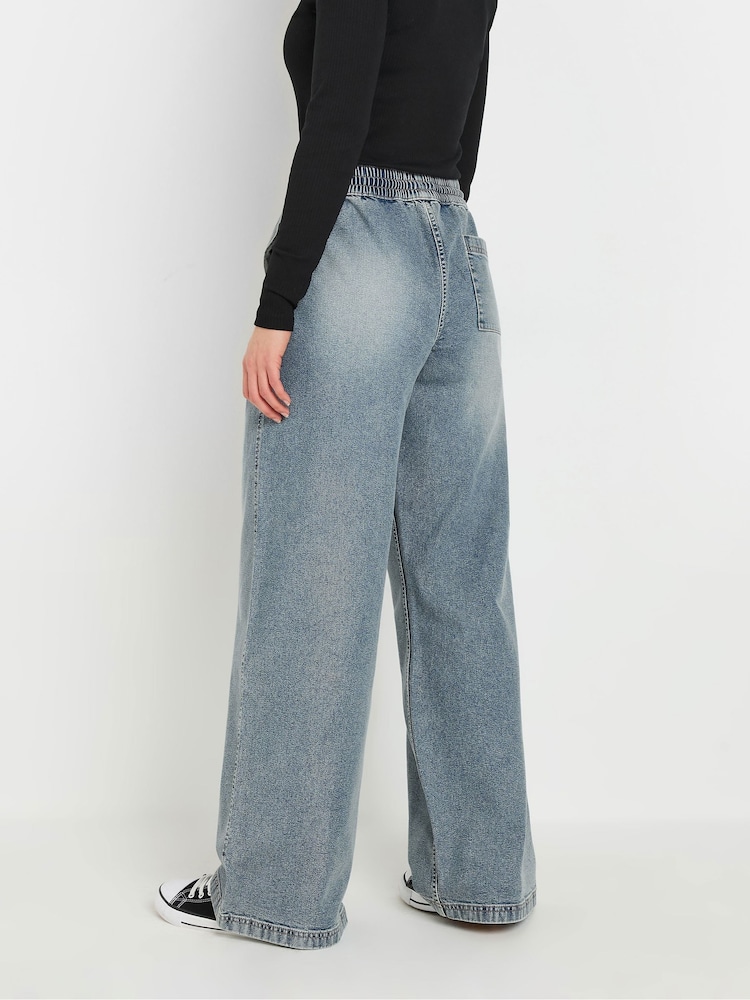Long Tall Sally Blue Pull On Wide Leg 100% Cotton Jeans - Image 3 of 5