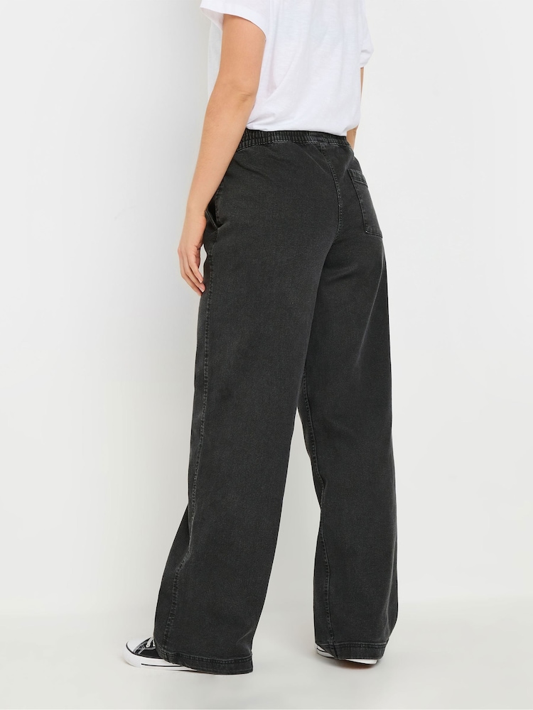 Long Tall Sally Black Pull On Wide Leg 100% Cotton Jeans - Image 2 of 5