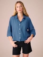 Colbalt Blue Linen Blend Short Sleeve Ladder Insert Shirt - Image 2 of 6