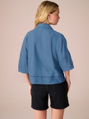 Colbalt Blue Linen Blend Short Sleeve Ladder Insert Shirt - Image 3 of 6
