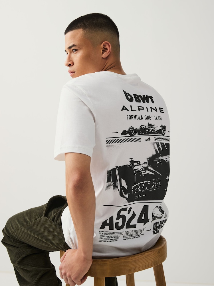 White 100% Cotton Alpine Formula 1 Licence Graphic T-Shirt - Image 1 of 7