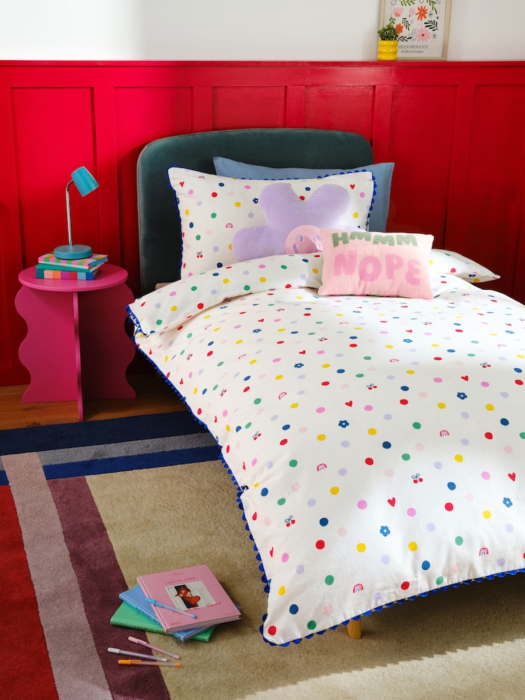 White Multi Spot Super Soft Brushed Cotton Duvet Cover and Pillowcase Set - Image 1 of 6