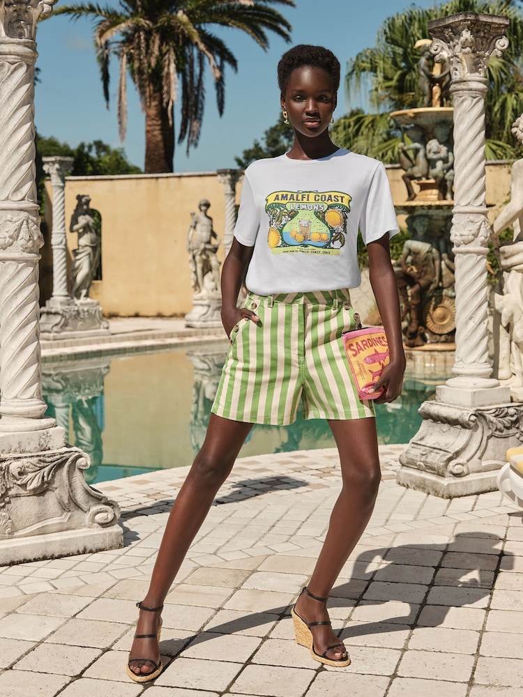Love & Roses Green Stripe Denim Sailor Button Detail Shorts - Image 3 of 4