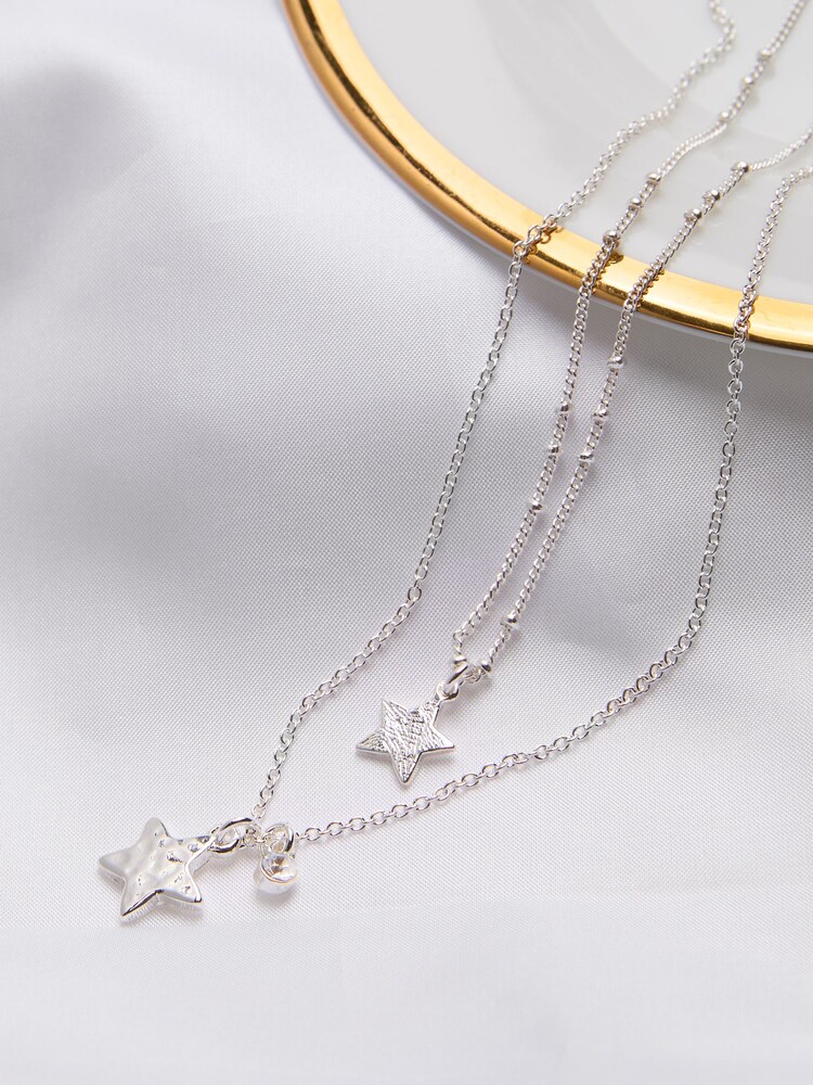 FatFace Silver Tone Star Layered Necklace - Image 2 of 2 FatFace Silver Tone Star Layered Necklace - Image 2 of 2
