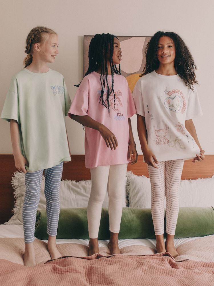 Pink/Blue Bow Print Legging Pyjamas 3 Pack (3-16yrs) - Image 1 of 12
