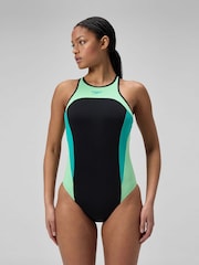 Speedo Blue High neck Splice Cross Back Swimsuit - Image 1 of 6