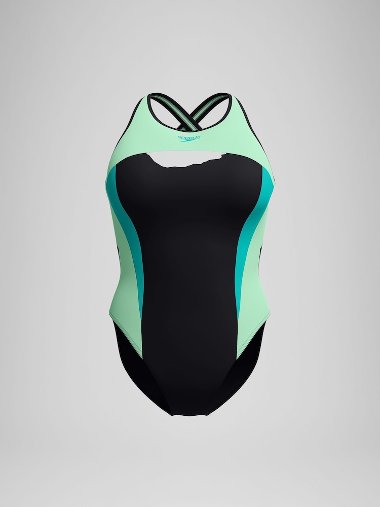 Speedo Blue High neck Splice Cross Back Swimsuit - Image 6 of 6