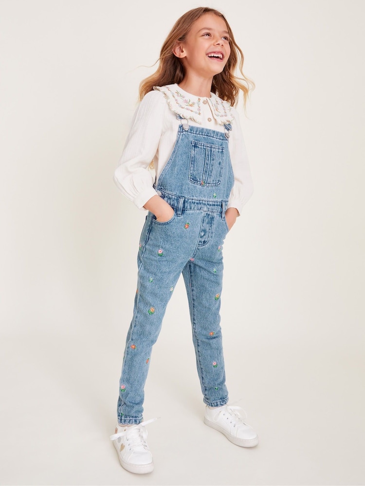 Monsoon Blue Floral Embroidered Denim 100% Cotton Dungarees - Image 1 of 4