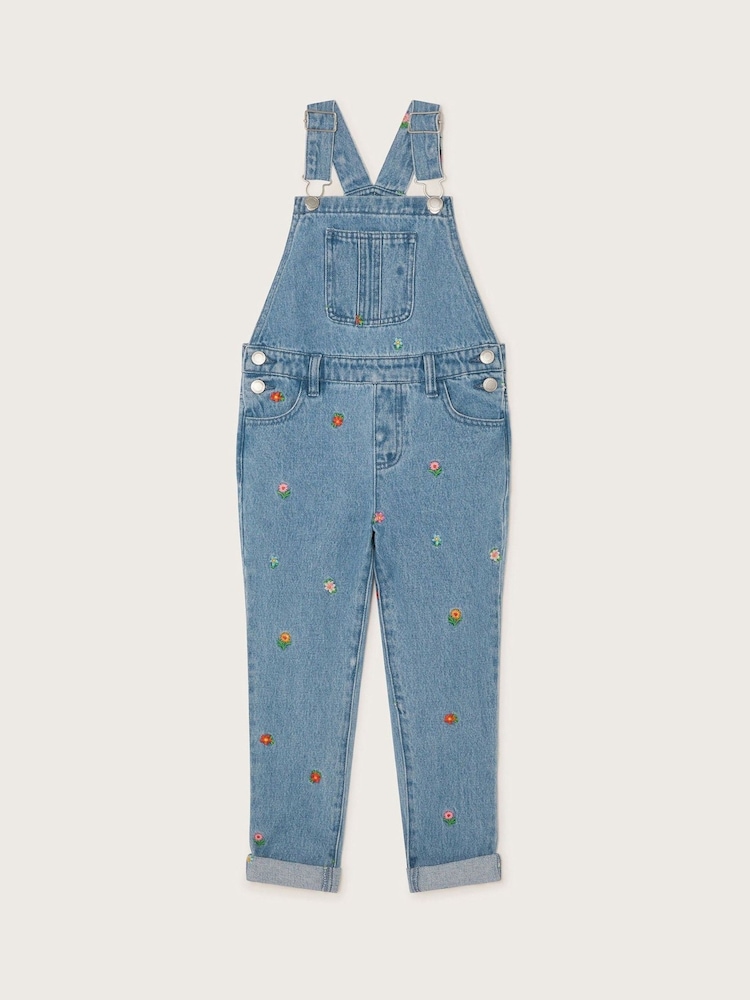 Monsoon Blue Floral Embroidered Denim 100% Cotton Dungarees - Image 2 of 4