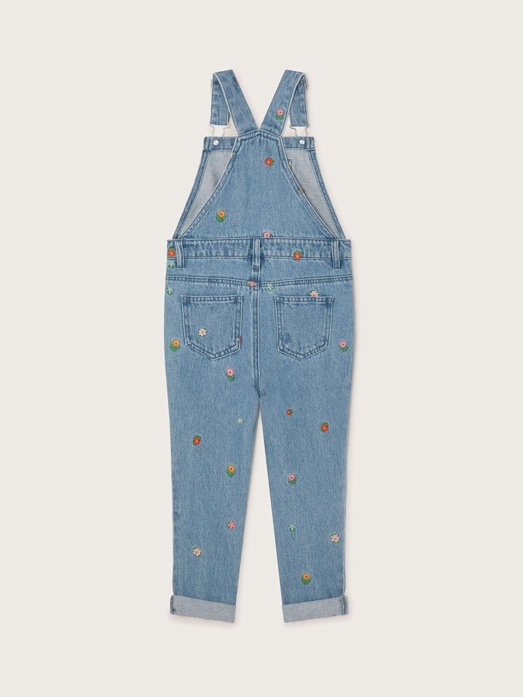 Monsoon Blue Floral Embroidered Denim 100% Cotton Dungarees - Image 3 of 4