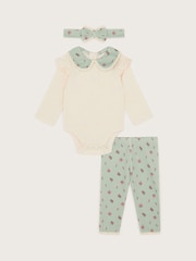 Monsoon Green Newborn Floral Bodysuit Leggings and Headband Set - Image 1 of 3