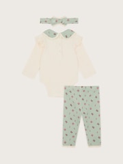 Monsoon Green Newborn Floral Bodysuit Leggings and Headband Set - Image 2 of 3