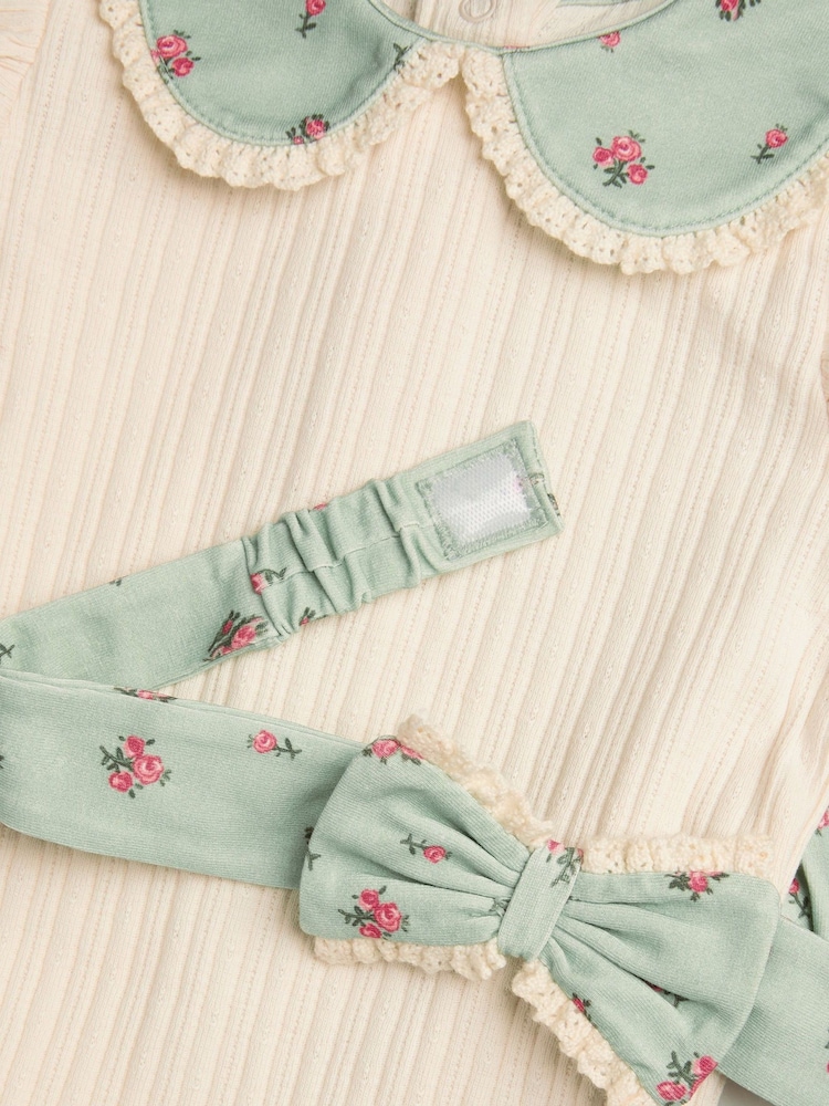 Monsoon Green Newborn Floral Bodysuit Leggings and Headband Set - Image 3 of 3