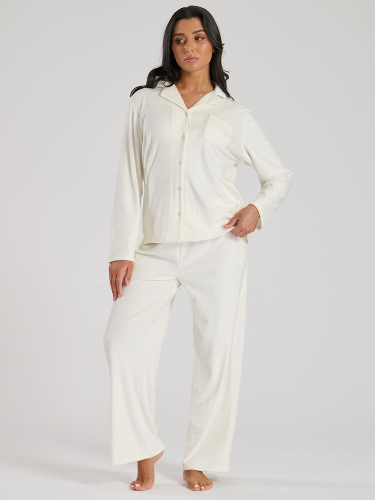Loungeable Cream Supersoft Velour Long Sleeve Buttoned Pyjamas - Image 1 of 5