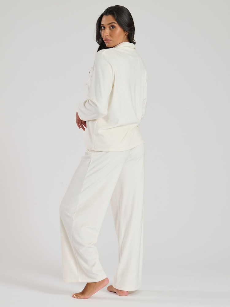 Loungeable Cream Supersoft Velour Long Sleeve Buttoned Pyjamas - Image 2 of 5