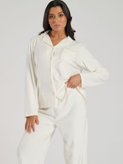 Loungeable Cream Supersoft Velour Long Sleeve Buttoned Pyjamas - Image 3 of 5