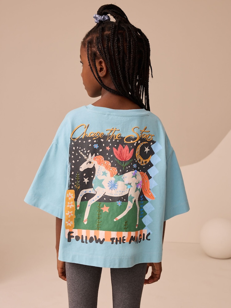 Verde azulado - Sequin Boxy Unicorn Graphic Print T-Shirt (3-16yrs) - Imagen 1 de 3