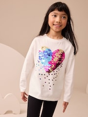 White Heart Print Long Sleeve Sequin Top (3-16yrs) - Image 1 of 1