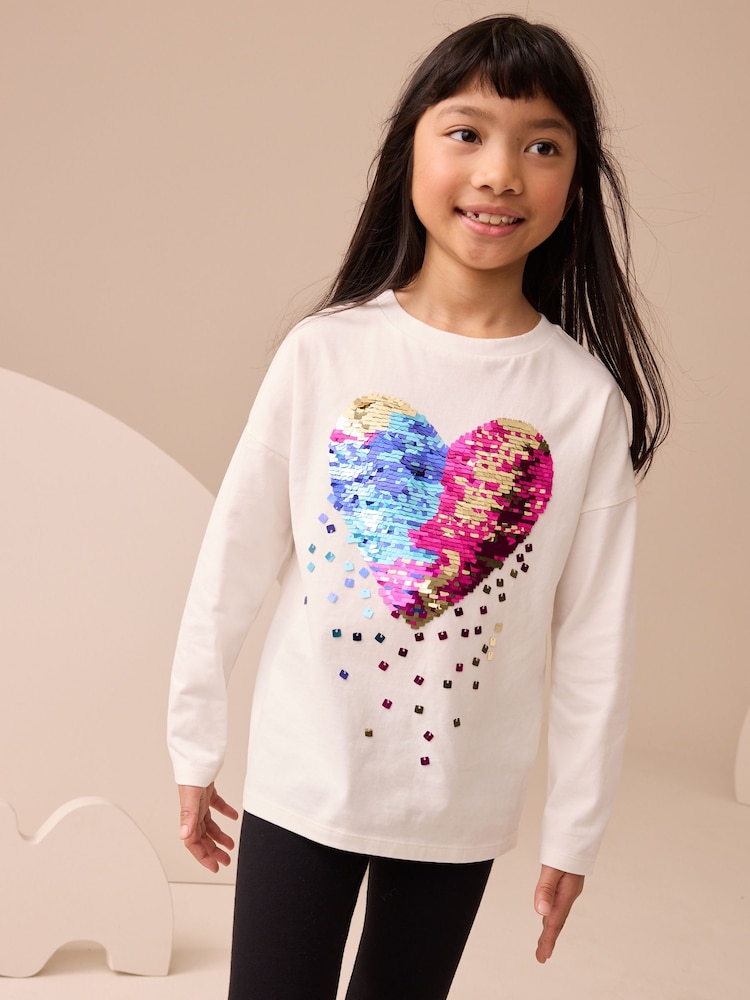 White Heart Print Long Sleeve Sequin Top (3-16yrs) - Image 1 of 1