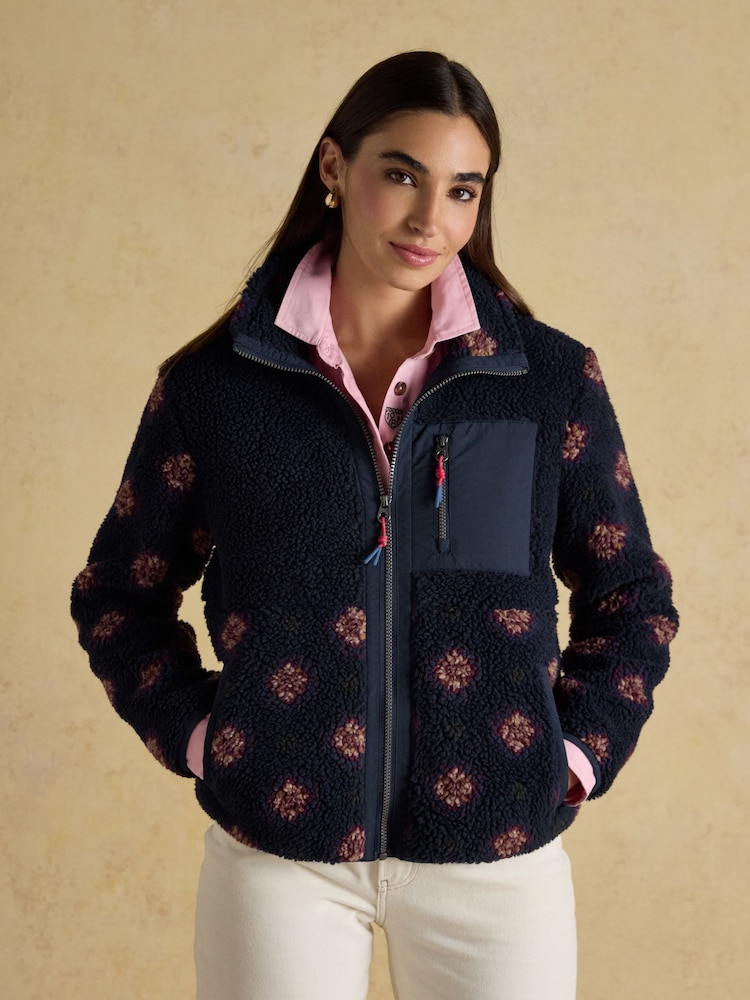 Joules Lottie Navy/Red Geometric Print Borg Fleece with Zip Fastening - Image 1 of 11 Joules Lottie Navy/Red Geometric Print Borg Fleece with Zip Fastening - Image 1 of 11