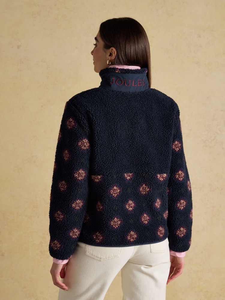 Joules Lottie Navy/Red Geometric Print Borg Fleece with Zip Fastening - Image 2 of 11 Joules Lottie Navy/Red Geometric Print Borg Fleece with Zip Fastening - Image 2 of 11