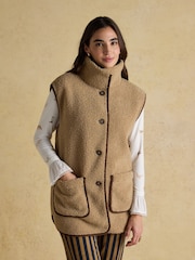 Sadie Taupe Longline Button Through Fleece Gilet - Image 1 of 9