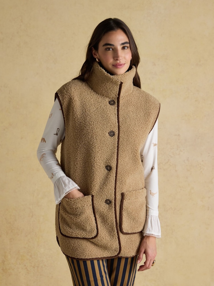 Sadie Taupe Longline Button Through Fleece Gilet - Image 1 of 9