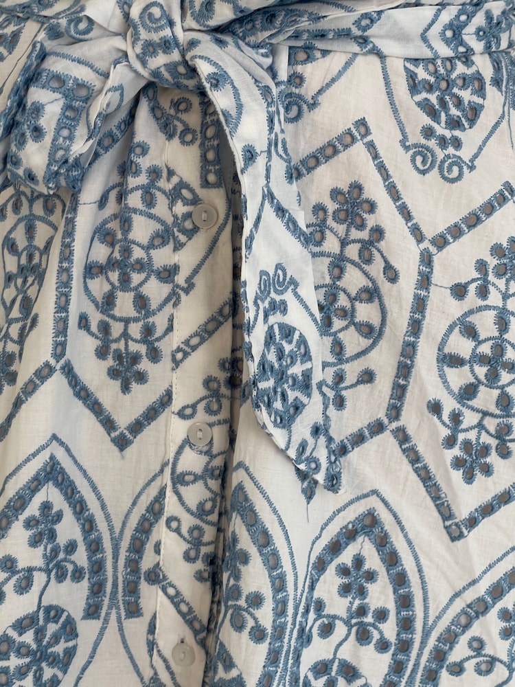 Girl In Mind Blue Mila Short Sleeve Broderie Mini 100% Cotton Shirt Dress - Image 6 of 6