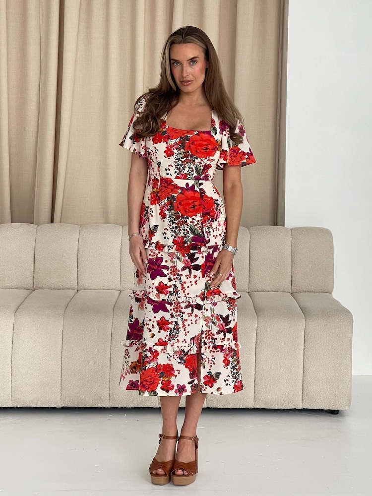 Girl In Mind Red Georgie Floral Frill Maxi Dress - Image 1 of 5